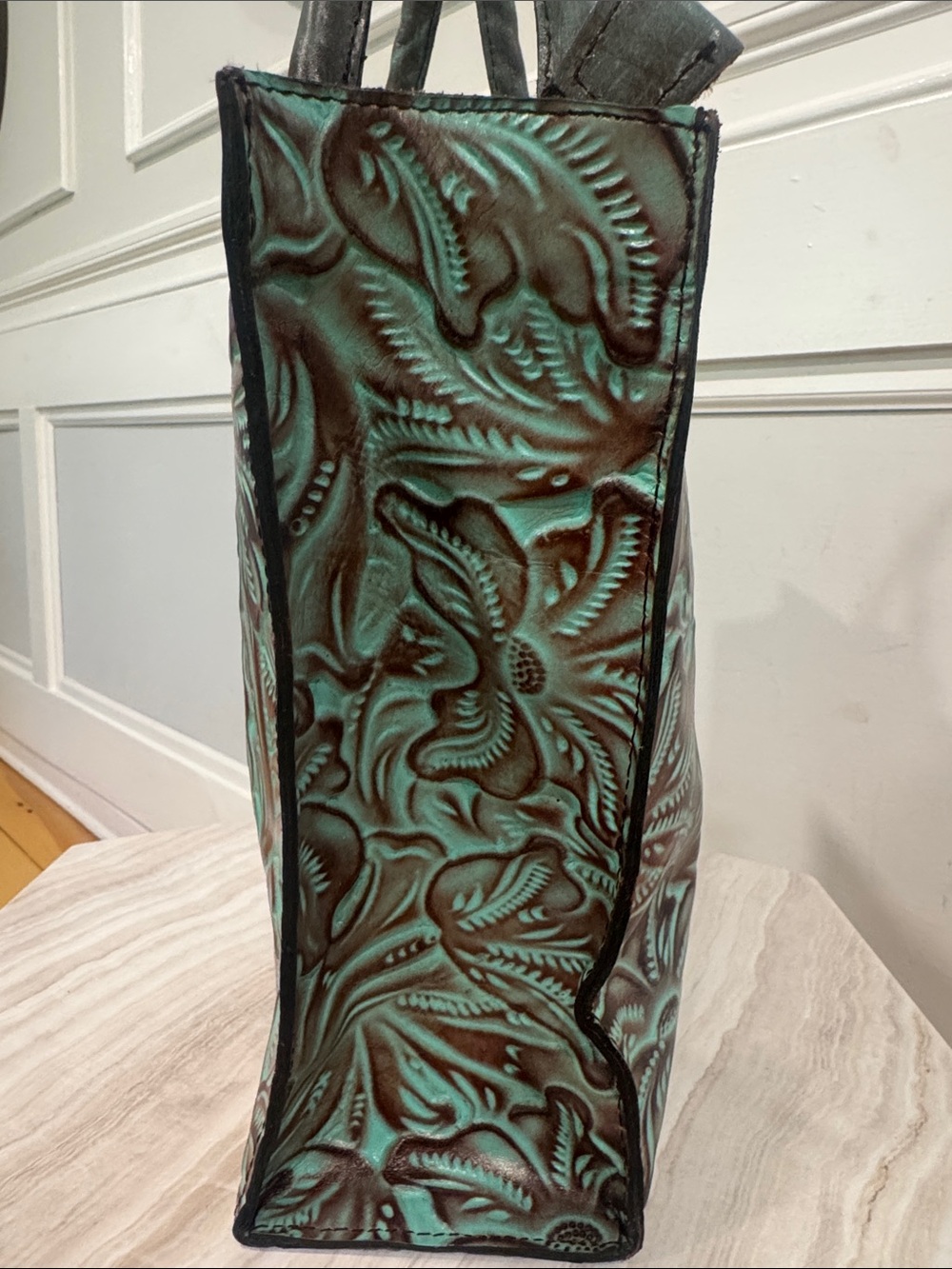 Patricia Nash Bag Vintage Tooled Turquoise and Brown Embossed Tote - Picture 6 of 17